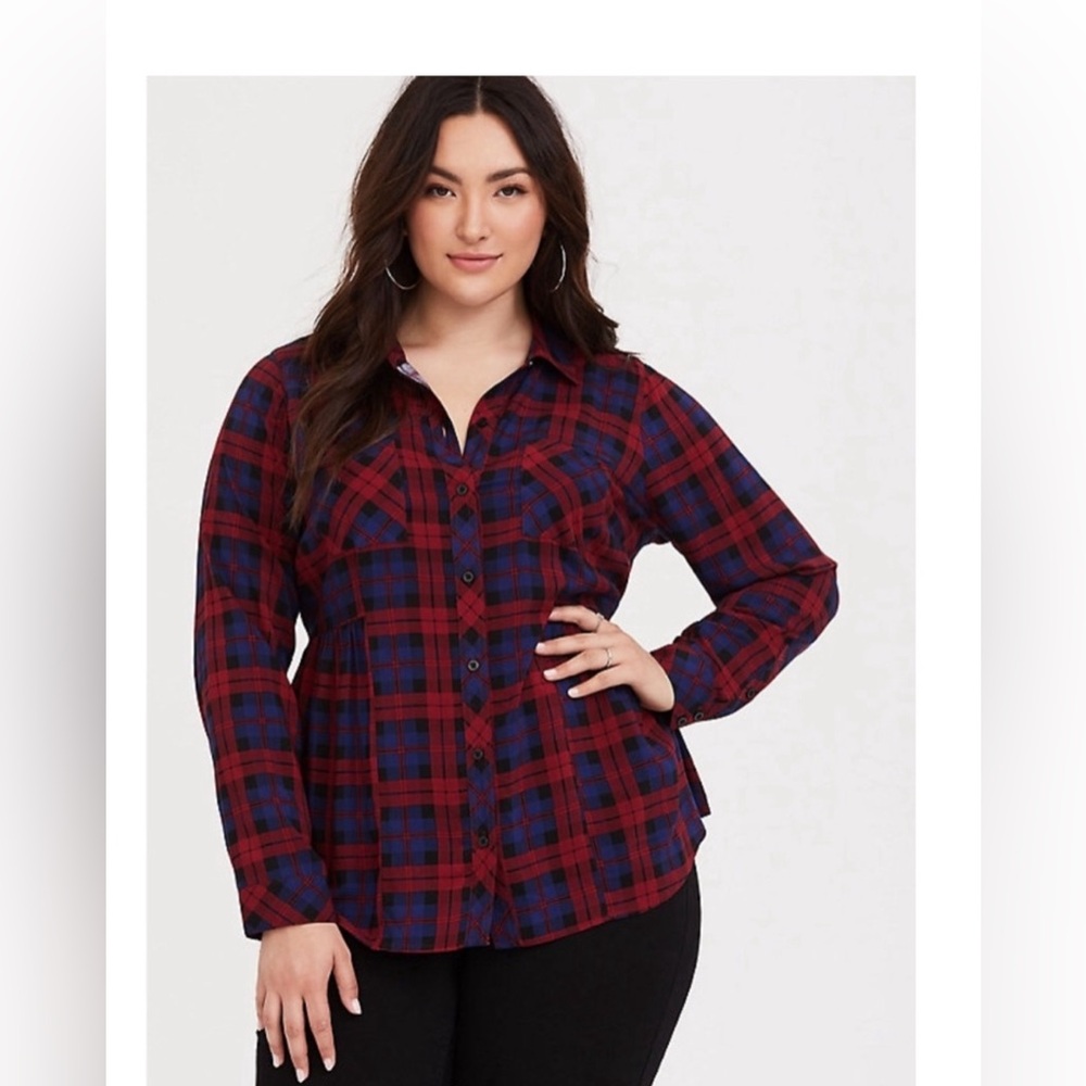 Torrid Plaid Peplum Challis Camp Shirt
